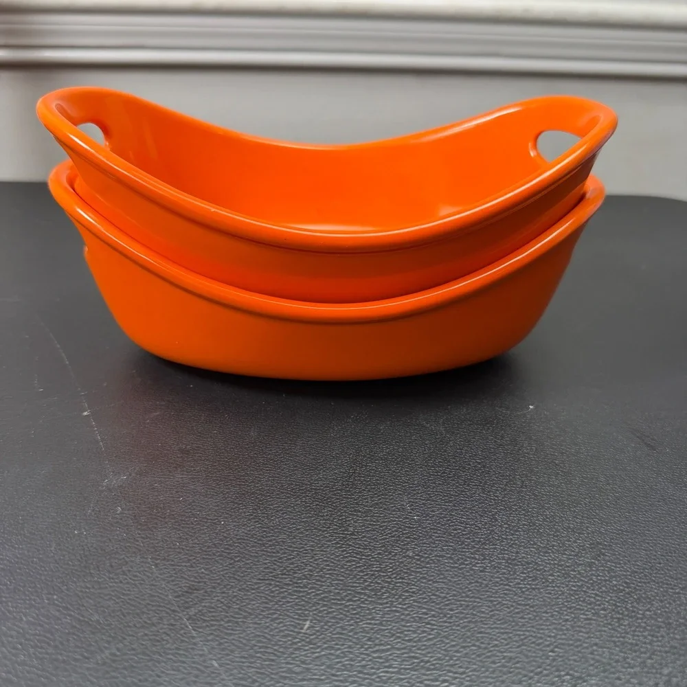 Set of 2 Rachael Ray Ramekins 12oz Orange Modern Stoneware Oval Bakers